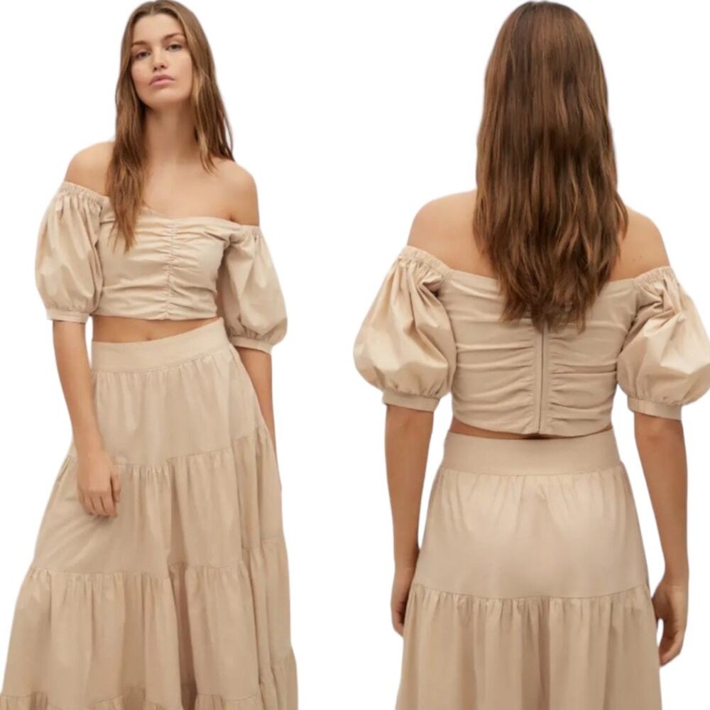 Mango MNG Off Shoulder Crop Top Flared Poplin Skirt Set XS/S New Tan Beige Maxi
